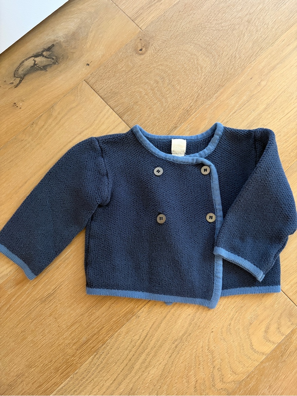 Vintage Navy Blue Baby Knit Cardigan with Light Blue Trim